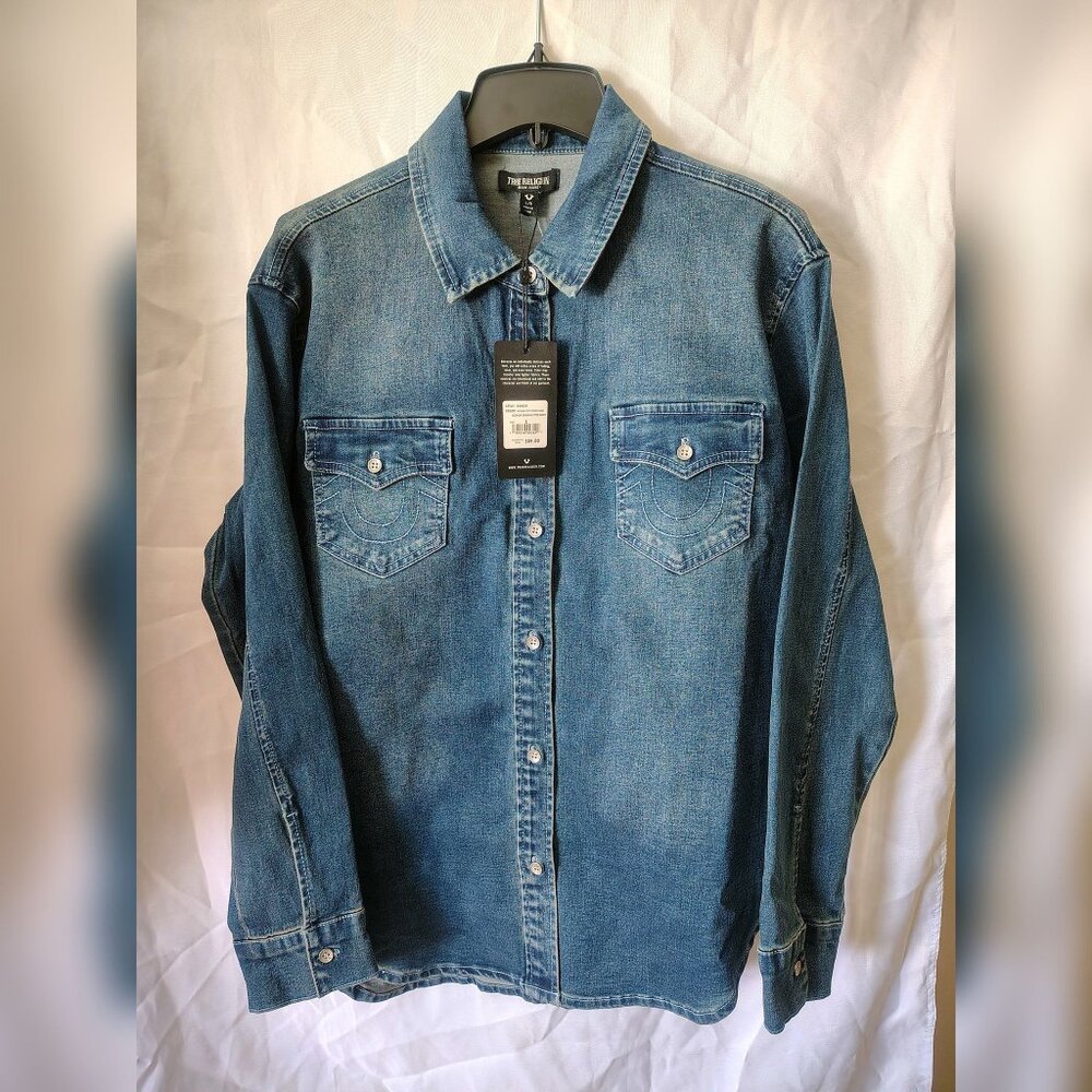 $89 NWT Womens True Religion Sizze L Color Blue Georgia Denim Glitter Shirt